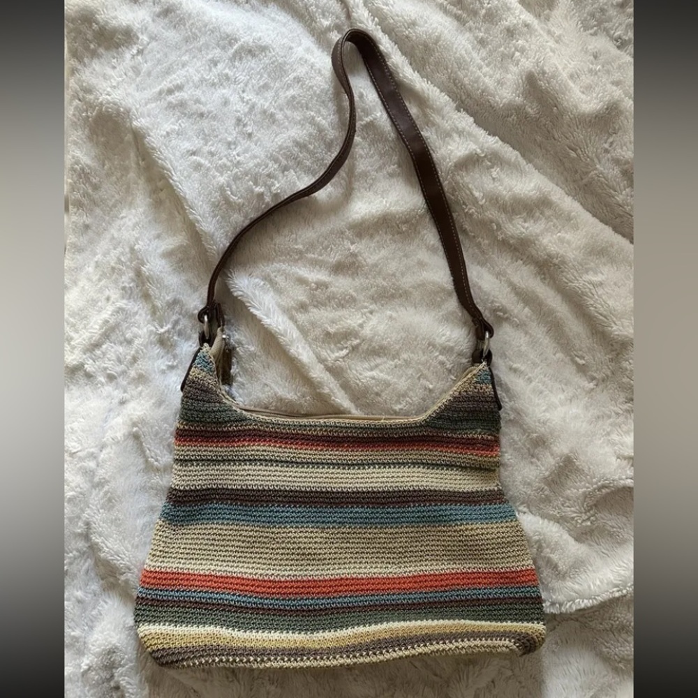 Croquet Woven Purse Multi-Color with Brown Leather Strap